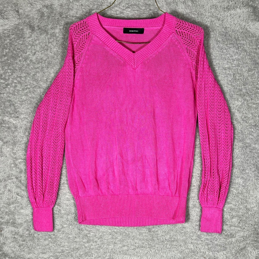 Dokotoo Womens Hot Pink V-Neck Crochet Sleeve Viscose Knit Sweater Size S